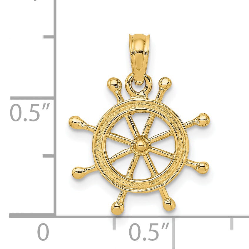14K Yellow Gold Polished Finish 2-D Ship Wheel Design Charm Pendant