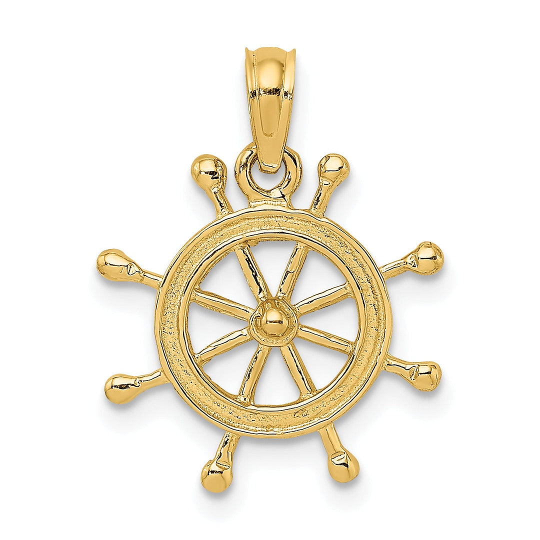 14K Yellow Gold Polished Finish 2-D Ship Wheel Design Charm Pendant