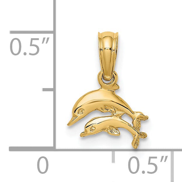 14K Yellow Gold Polished Finish 2-Dimensional Mini Double Dolphins Swimming Charm Pendant