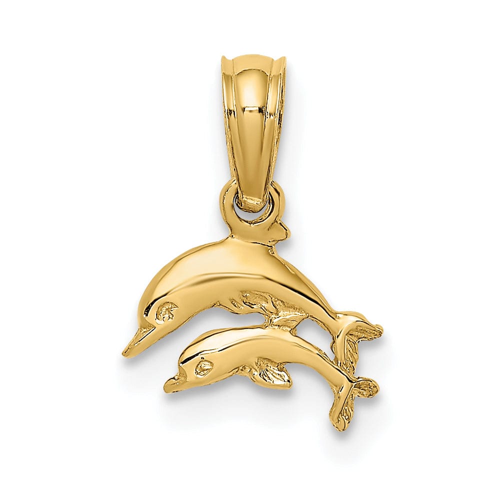 14K Yellow Gold Polished Finish 2-Dimensional Mini Double Dolphins Swimming Charm Pendant
