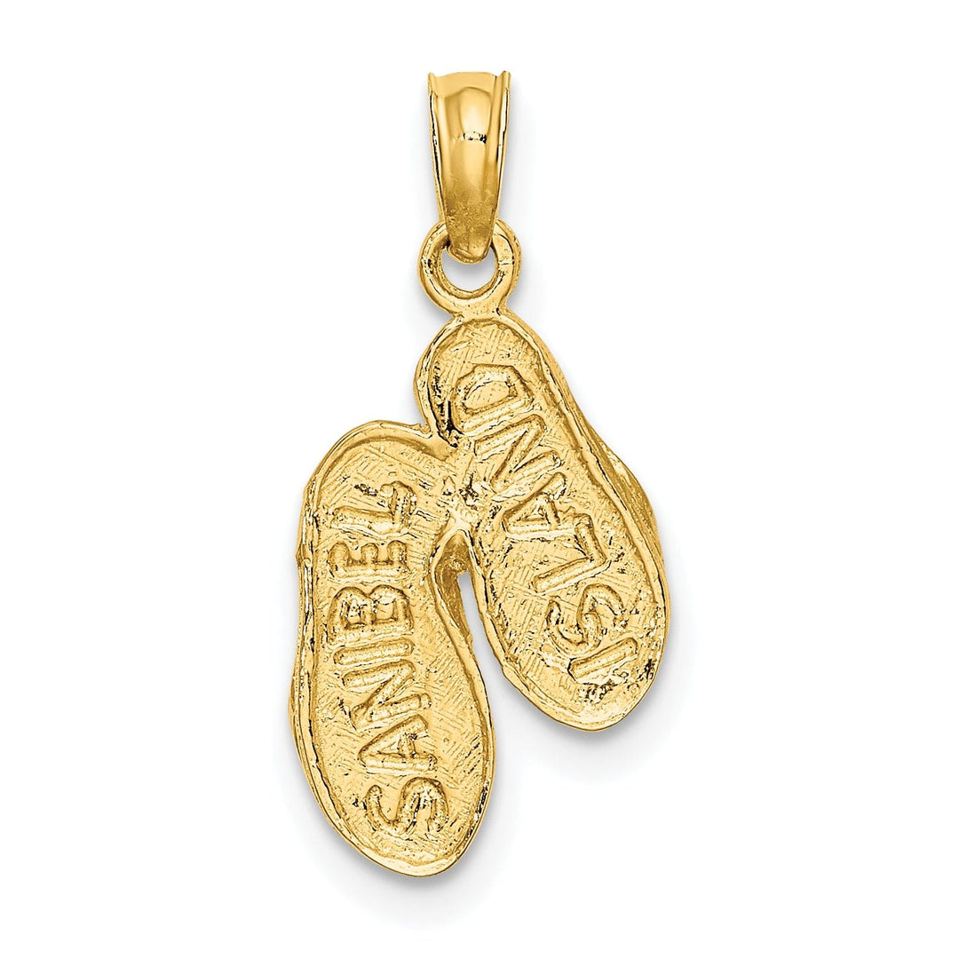 14K Yellow Gold Polished Textured Finish 3-Dimensional Reversible SANIBEL ISLAND Bannner Double Flip Flop Sandles Charm Pendant