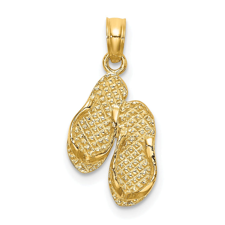 14K Yellow Gold Polished Textured Finish 3-Dimensional Reversible SANIBEL ISLAND Bannner Double Flip Flop Sandles Charm Pendant