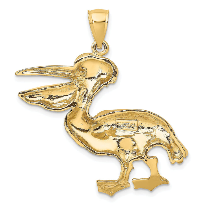 14K Yellow Gold Polished Textured Finish Pelican Walking with Mouth Open Design Charm Pendant