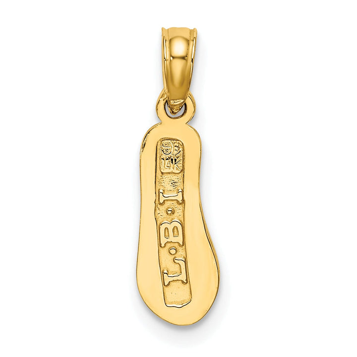 14K Yellow Gold Polished Textured Finish Reversible 3-Dimensional LBI (Long Beach Island) Single Flip-flop Sandle Charm Pendant