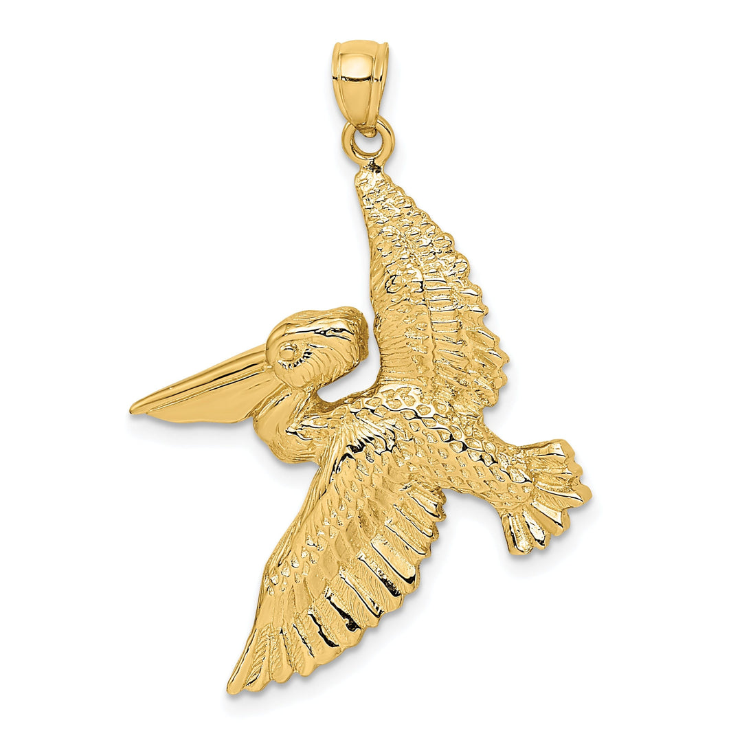 14K Yellow Gold Polish Textured Finish 3-Dimensional Pelican in Flight Charm Pendant