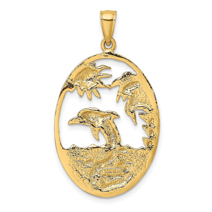 14K Yellow Gold Textured Polished Finish Dolphin Jumping in Ocean Scene Design Charm Pendant