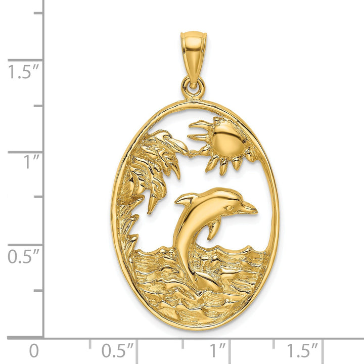 14K Yellow Gold Textured Polished Finish Dolphin Jumping in Ocean Scene Design Charm Pendant