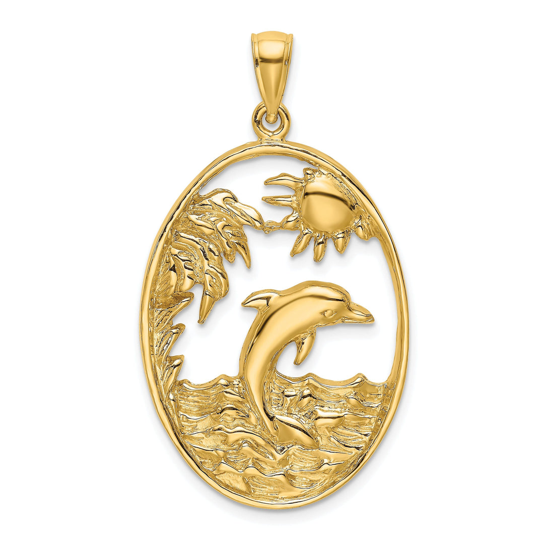 14K Yellow Gold Textured Polished Finish Dolphin Jumping in Ocean Scene Design Charm Pendant