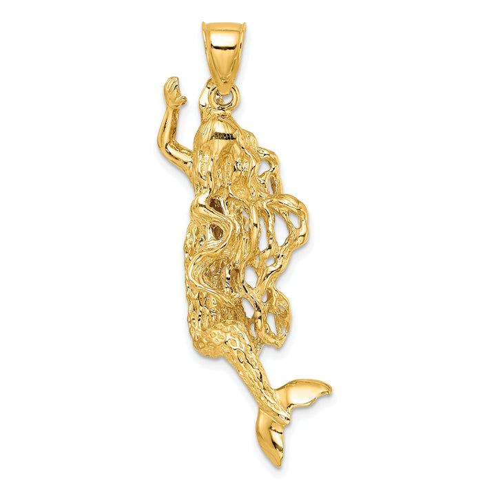 14K Yellow Gold Textured Finish3-Dimensional Large Size Mermaid Charm Pendant