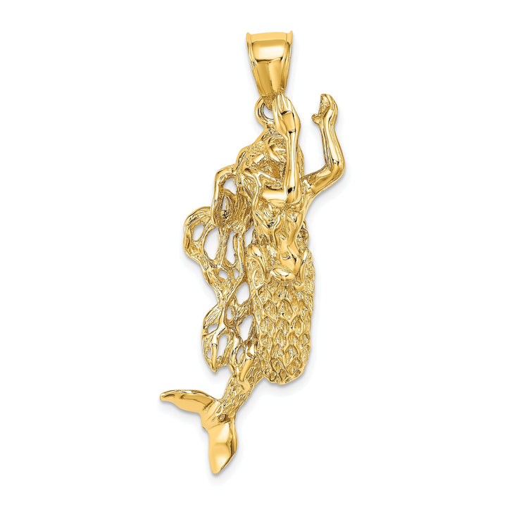 14K Yellow Gold Textured Finish3-Dimensional Large Size Mermaid Charm Pendant