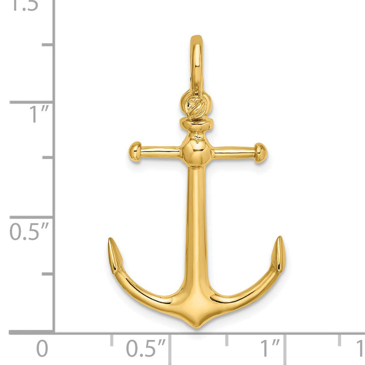 14K Yellow Gold Polished Finish 3-Dimensional Anchor with Shackle Bail Charm Pendant