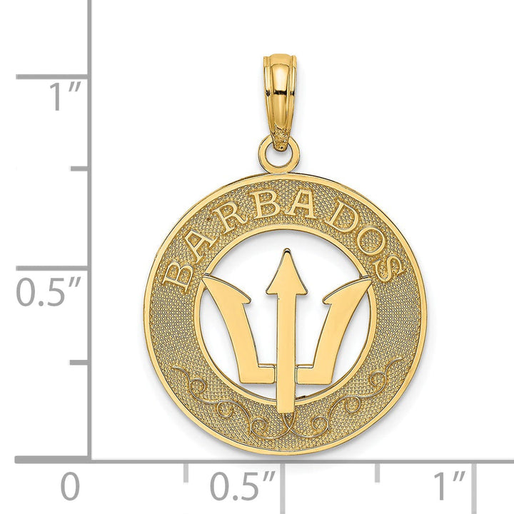 14K Yellow Gold Textured Polished Finish BARBADOS with Trident Spear in Circle Design Charm Pendant