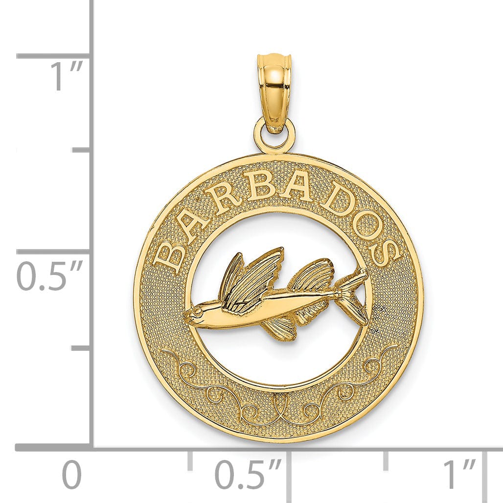 14K Yellow Gold Textured Polished Finish BARBADOS with Flying Fish in Circle Design Charm Pendant