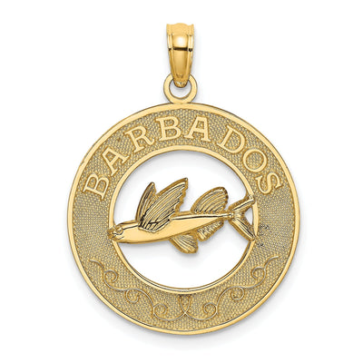 14K Yellow Gold Textured Polished Finish BARBADOS with Flying Fish in Circle Design Charm Pendant at $ 158.41 only from Jewelryshopping.com