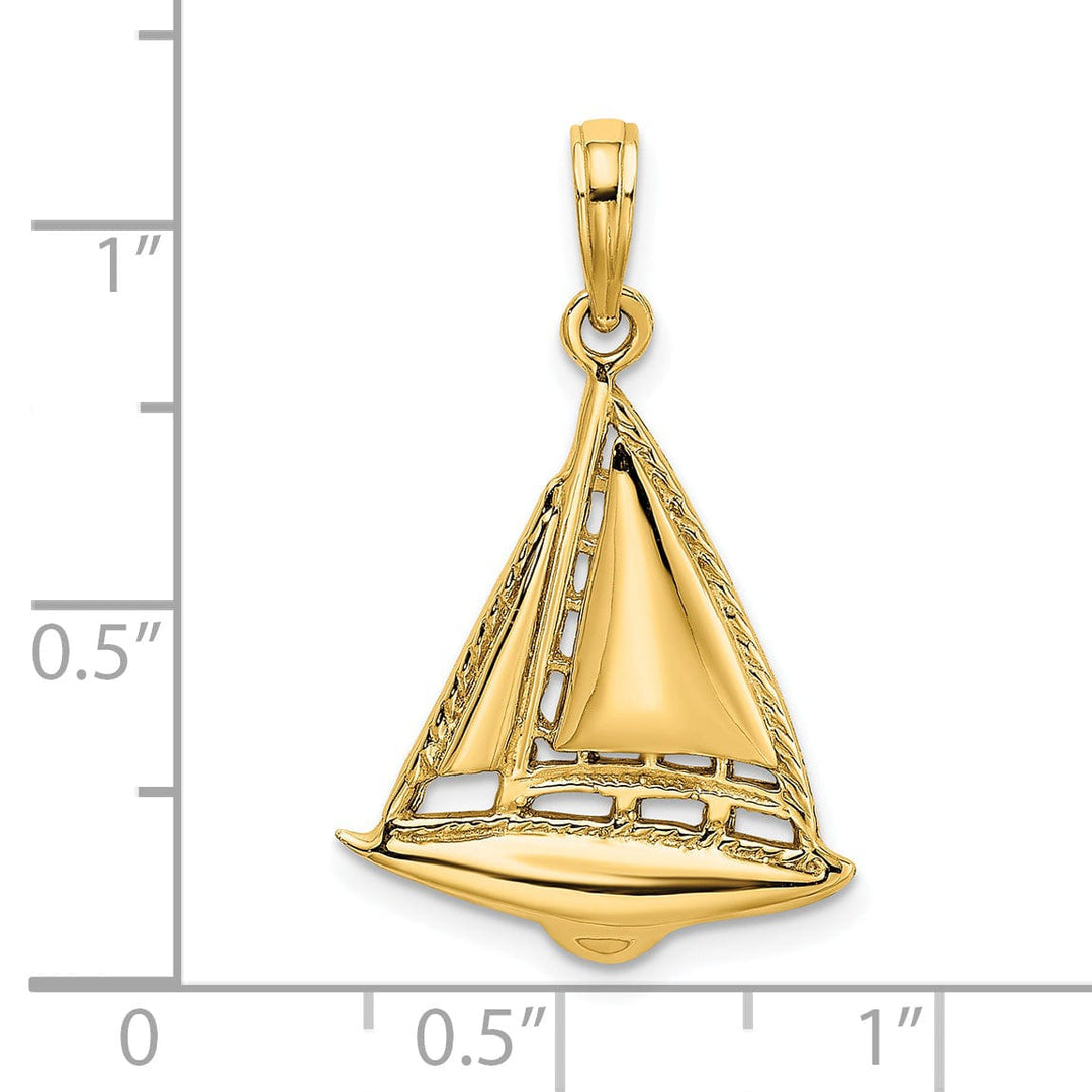 14K Yellow Gold Polished Texture Finished 2-Dimensional Sailboat Design Charm Pendant