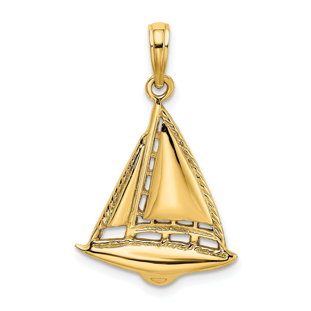 14K Yellow Gold Polished Texture Finished 2-Dimensional Sailboat Design Charm Pendant