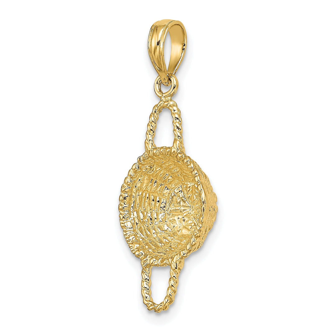 14K Yellow Gold Texture Finish 3-Dimensional 2 Handles Round Basket Charm Pendant