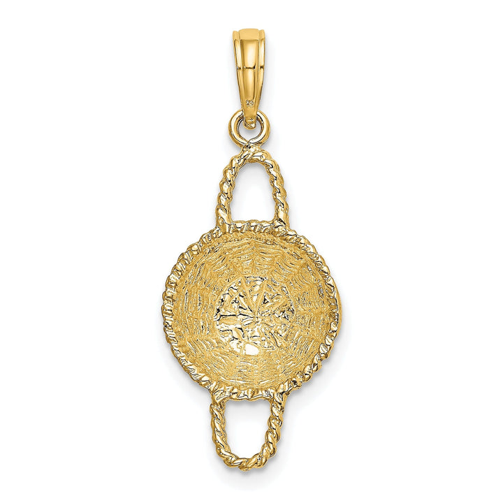 14K Yellow Gold Texture Finish 3-Dimensional 2 Handles Round Basket Charm Pendant