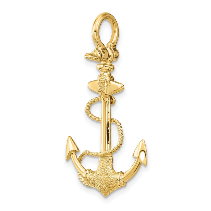 14K Yellow Gold 3-Dimensional Polished Textured Finish Anchor with Rope and Shackle Bail Charm Pendant