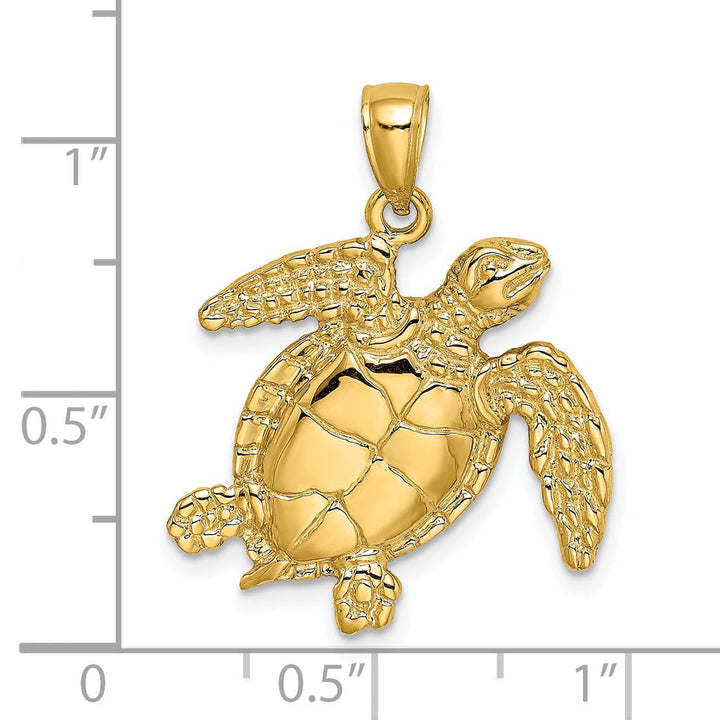 14k Yellow Gold Casted Solid Textured and Polished Finish Swimming Sea Turtle Charm Pendant