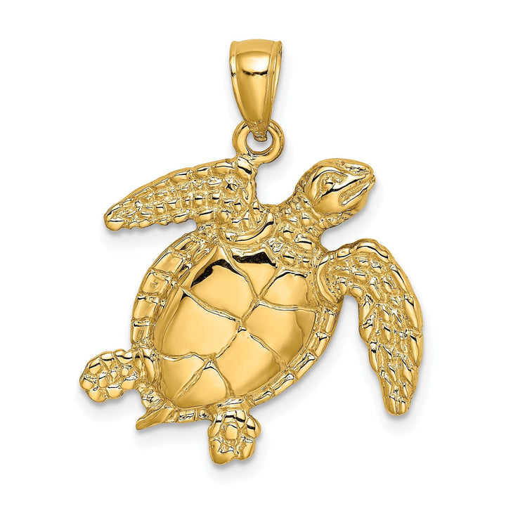 14k Yellow Gold Casted Solid Textured and Polished Finish Swimming Sea Turtle Charm Pendant