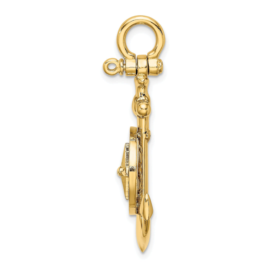 14K Yellow Gold Polished Finish 3-Dimensional Anchor with Nautical Boating Compass Charm Pendant