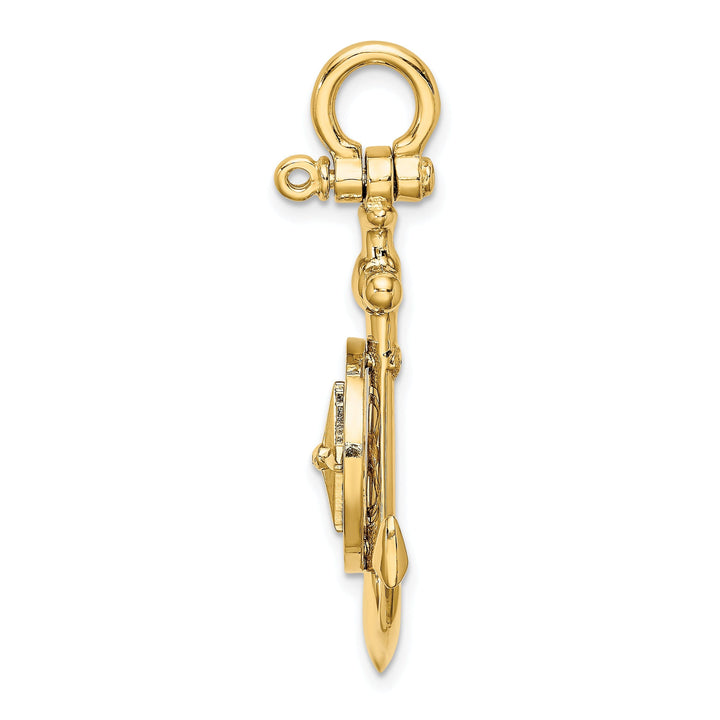 14K Yellow Gold Polished Finish 3-Dimensional Anchor with Nautical Boating Compass Charm Pendant