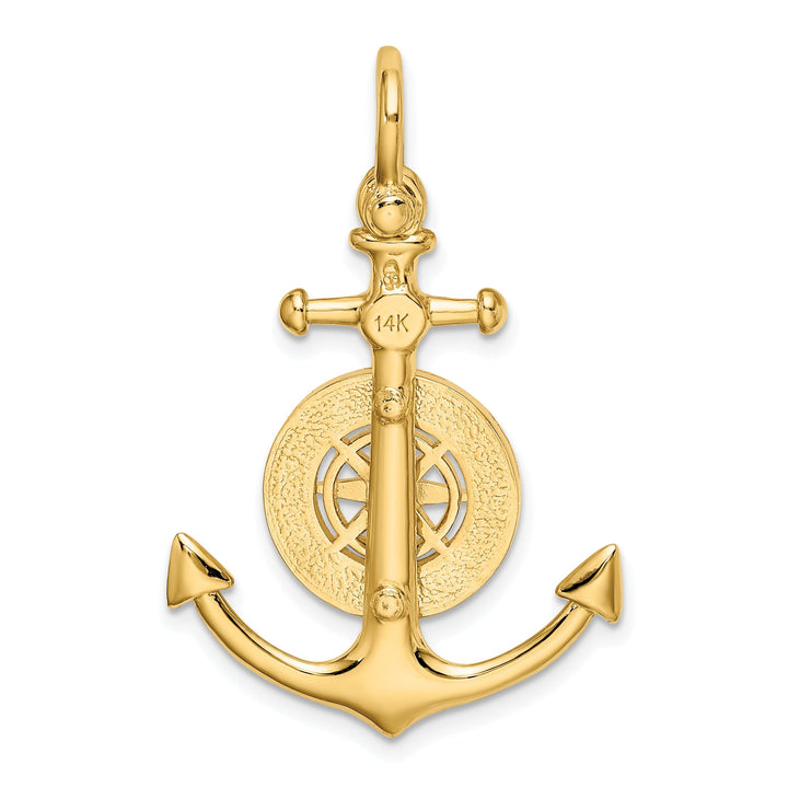14K Yellow Gold Polished Finish 3-Dimensional Anchor with Nautical Boating Compass Charm Pendant