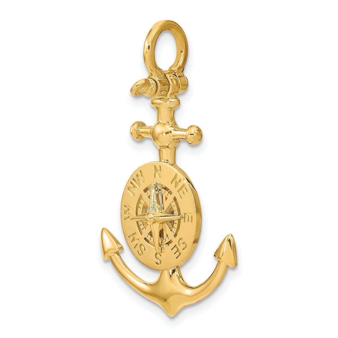 14K Yellow Gold Polished Finish 3-Dimensional Anchor with Nautical Boating Compass Charm Pendant