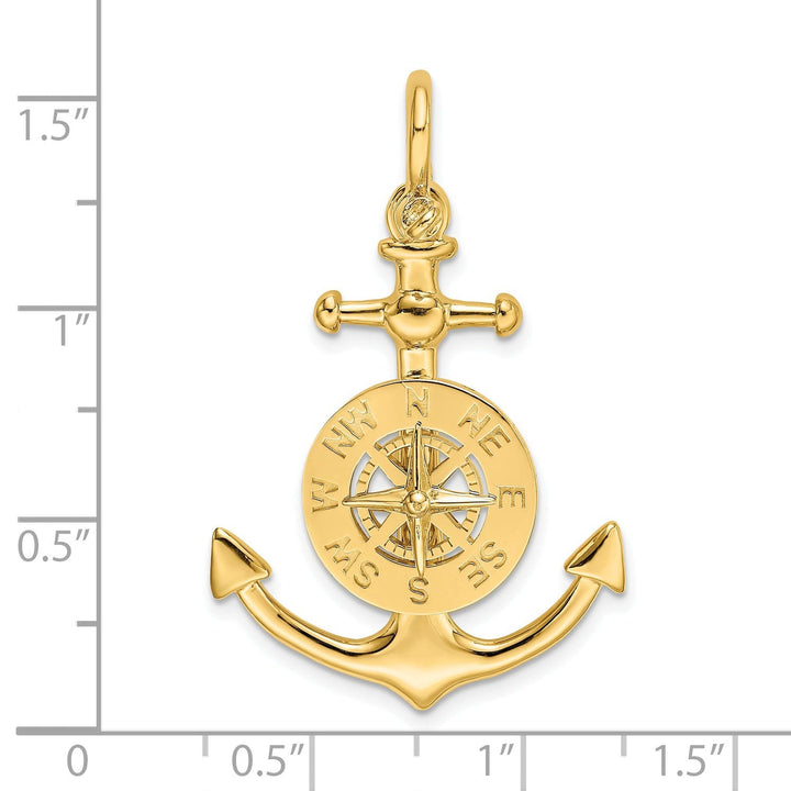 14K Yellow Gold Polished Finish 3-Dimensional Anchor with Nautical Boating Compass Charm Pendant