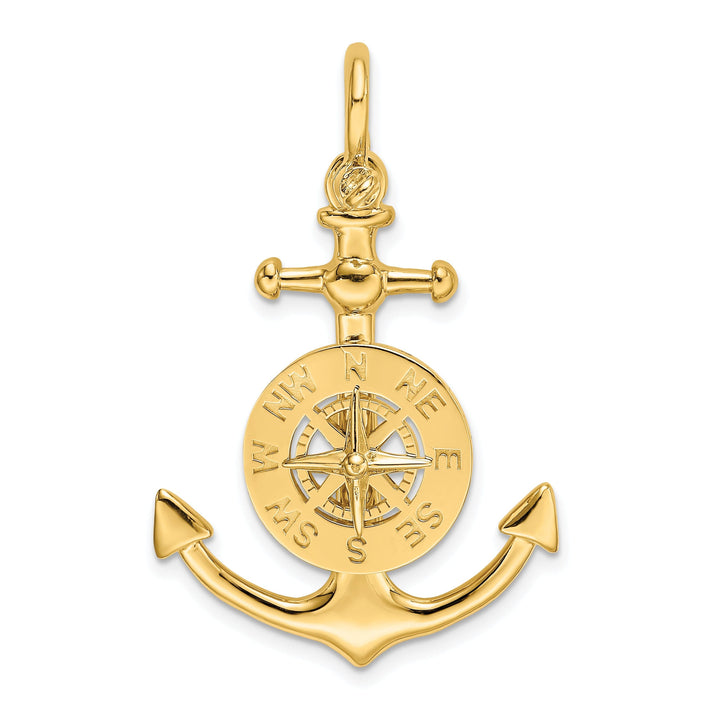 14K Yellow Gold Polished Finish 3-Dimensional Anchor with Nautical Boating Compass Charm Pendant