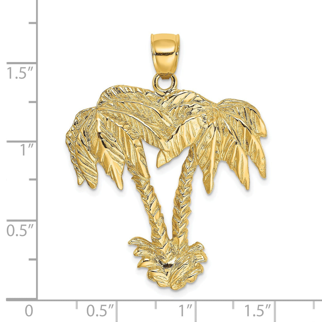 14K Yellow Gold Polished Texture Finish Concave Shape 2-Dimensional Double Palm Trees Design Charm Pendant