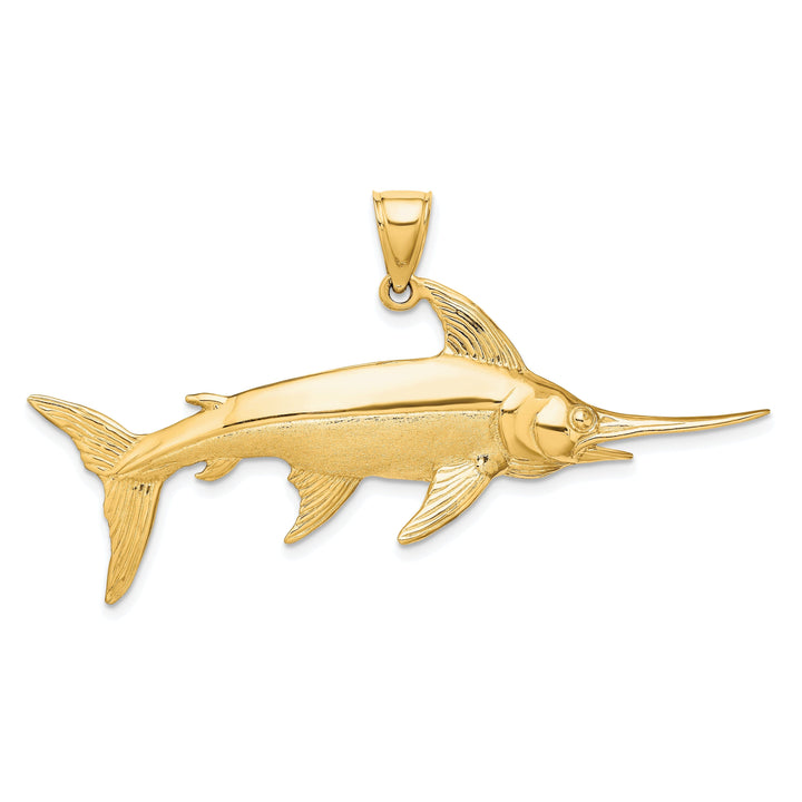 14K Yellow Gold Polished Satin Finish 3-Dimensional Swordfish Charm Pendant