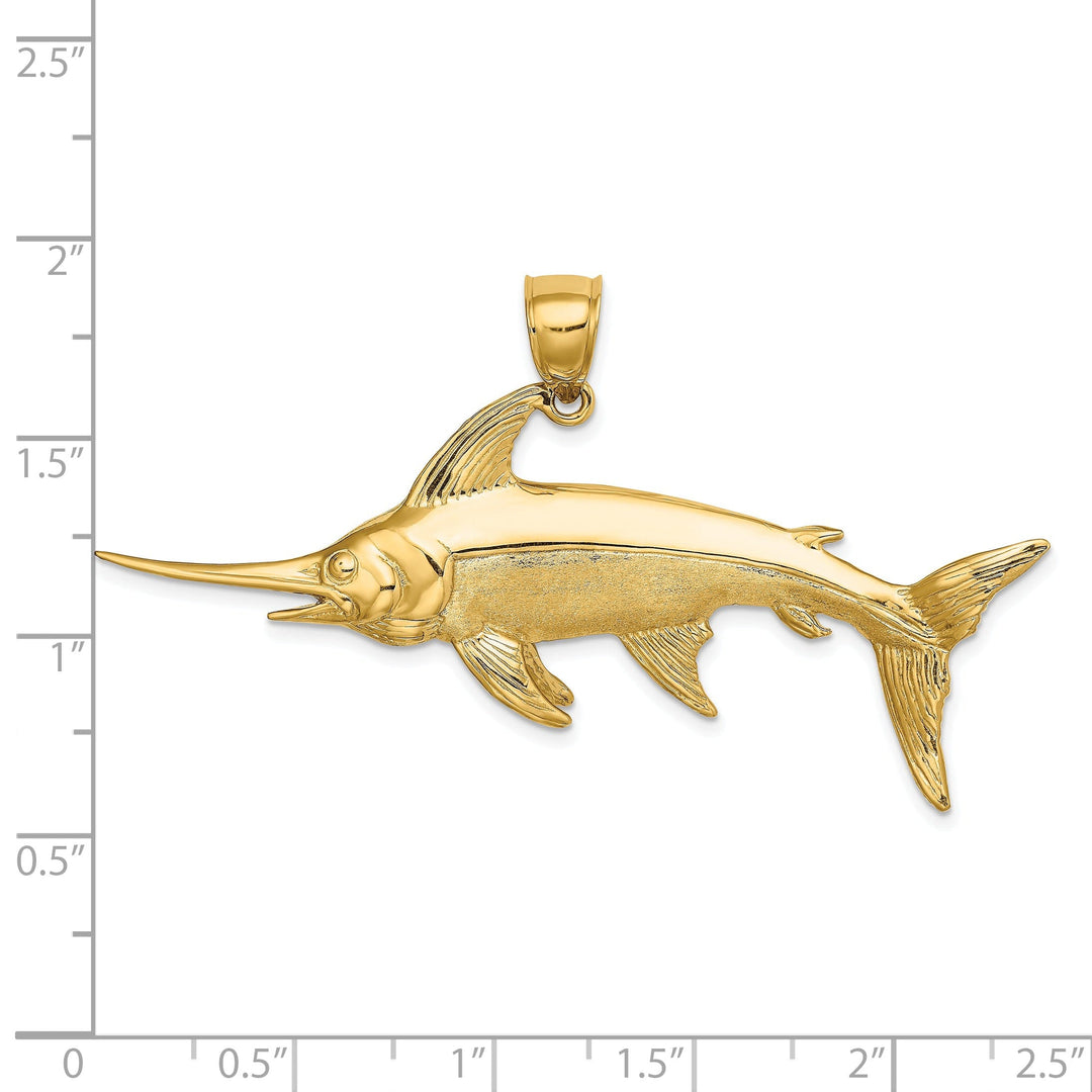 14K Yellow Gold Polished Satin Finish 3-Dimensional Swordfish Charm Pendant