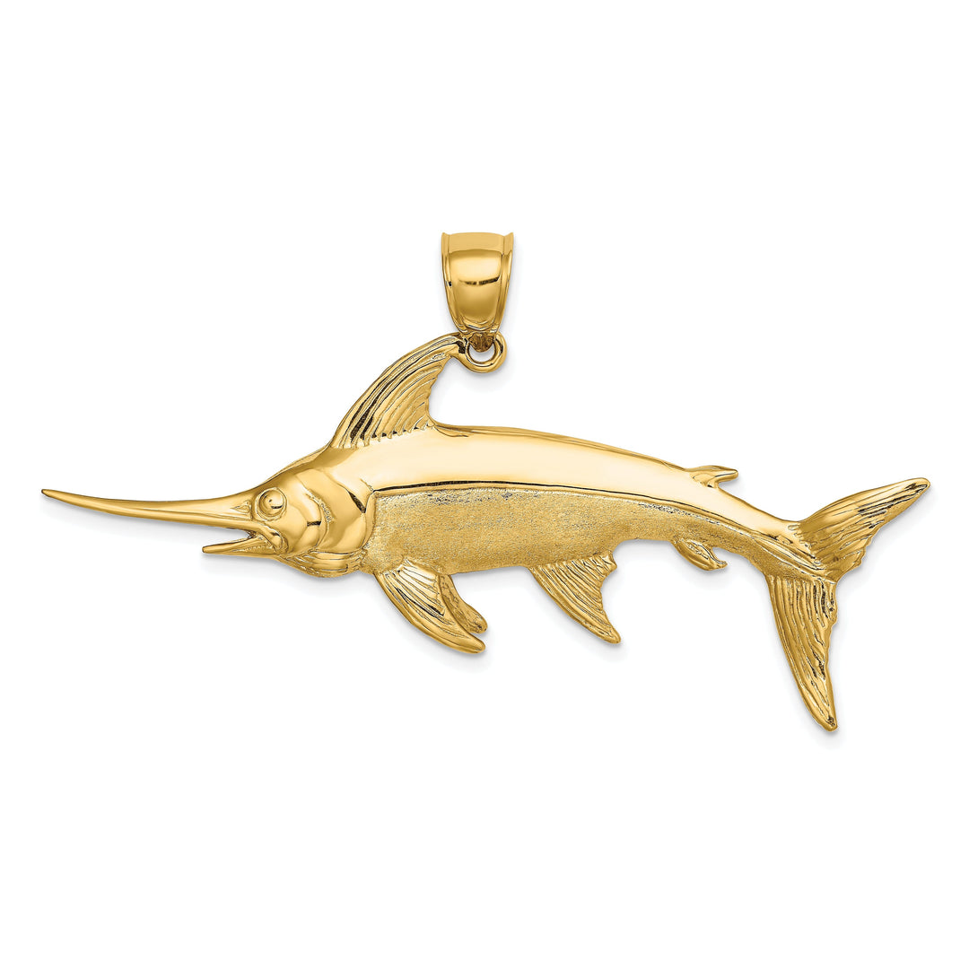 14K Yellow Gold Polished Satin Finish 3-Dimensional Swordfish Charm Pendant