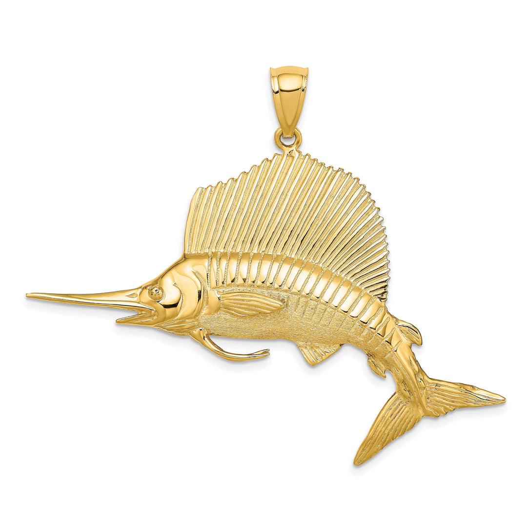 14K Yellow Gold 3-Dimensional Textured Polished Satin FinishBlue Marlin Fish Charm Pendant