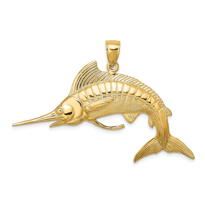 14K Yellow Gold 3-Dimensional Textured Polished Satin Finish White Marlin Fish Charm Pendant