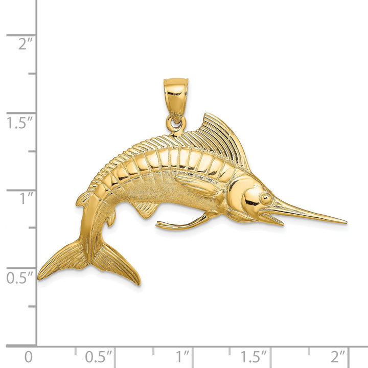 14K Yellow Gold 3-Dimensional Textured Polished Satin Finish White Marlin Fish Charm Pendant