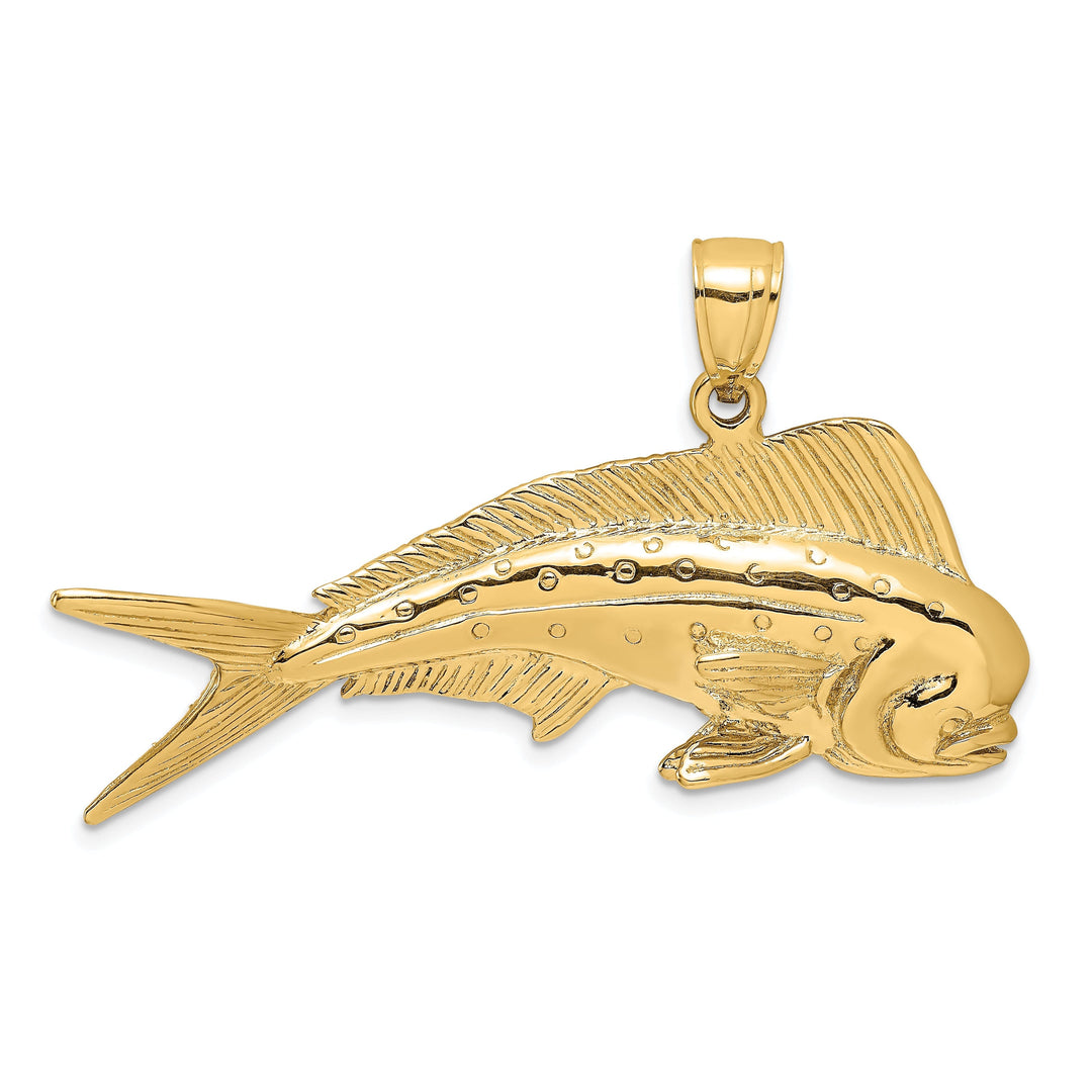 14K Yellow Gold Textured Polished Finish 3-Dimensional Male Dorado Mahi-Mahi Charm Pendant