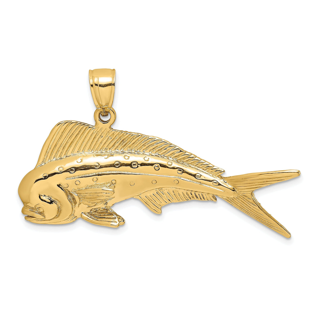 14K Yellow Gold Textured Polished Finish 3-Dimensional Male Dorado Mahi-Mahi Charm Pendant