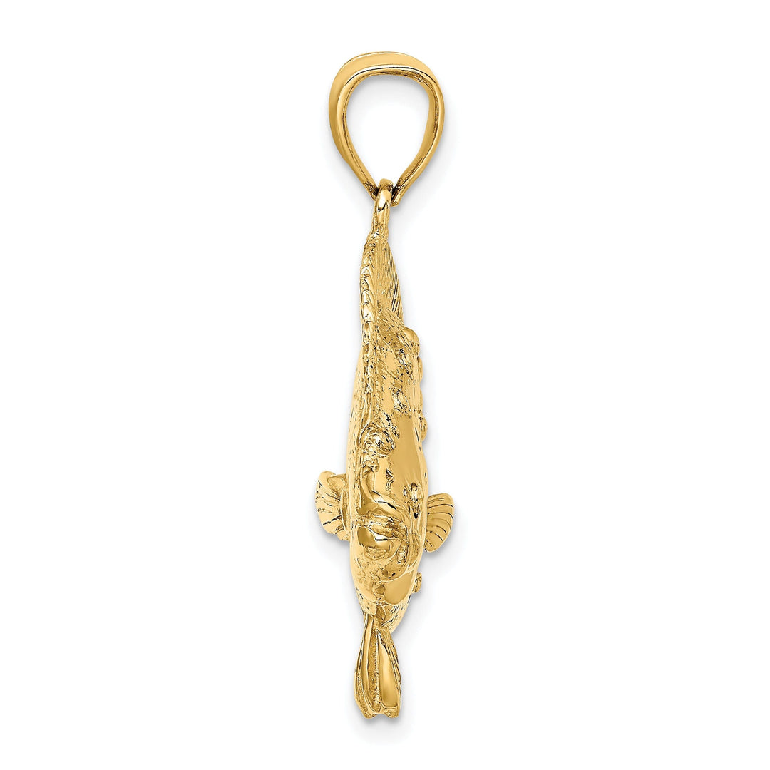 14K Yellow Gold Polished Textured Finish 3-Dimensional Flonder Fish Charm Pendant