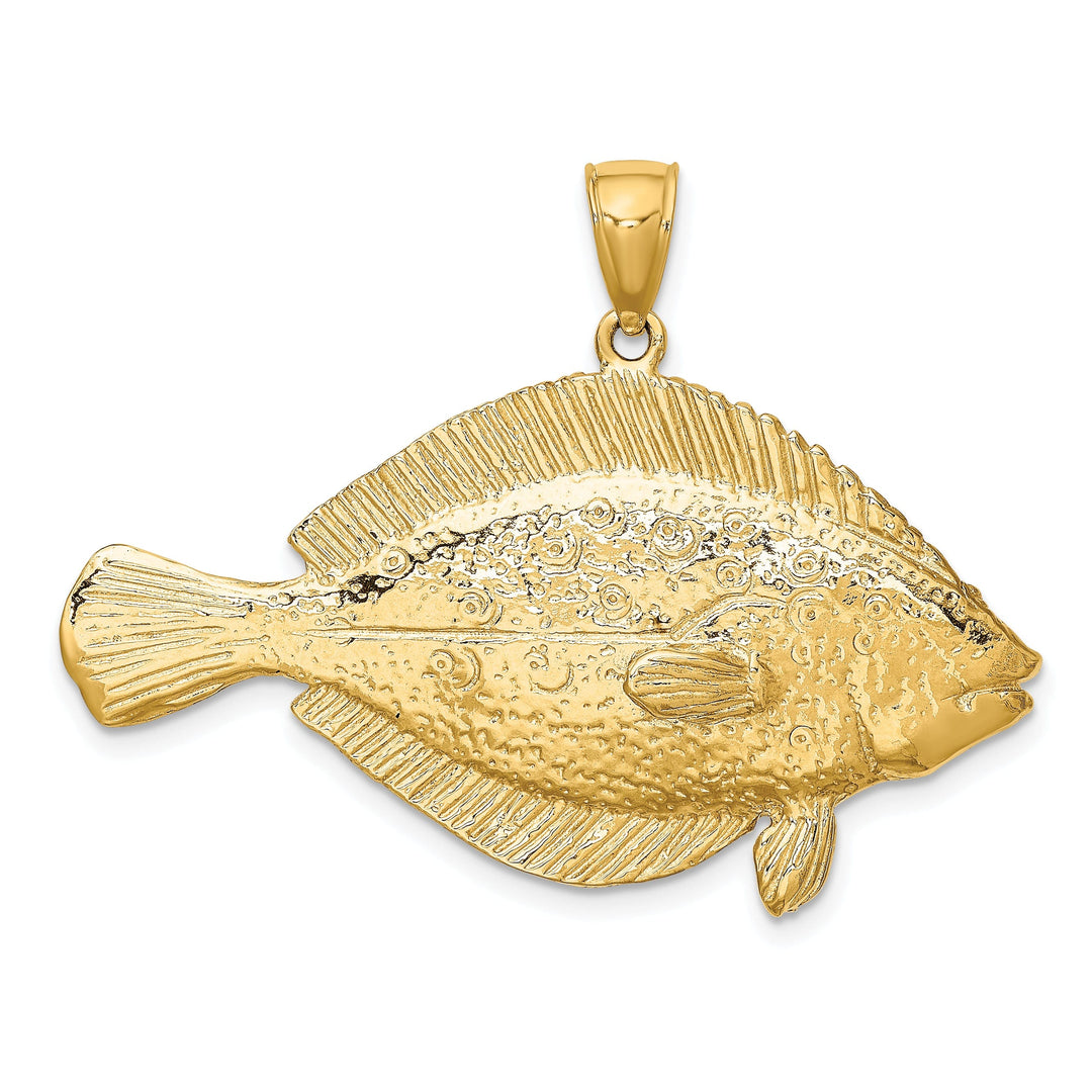 14K Yellow Gold Polished Textured Finish 3-Dimensional Flonder Fish Charm Pendant