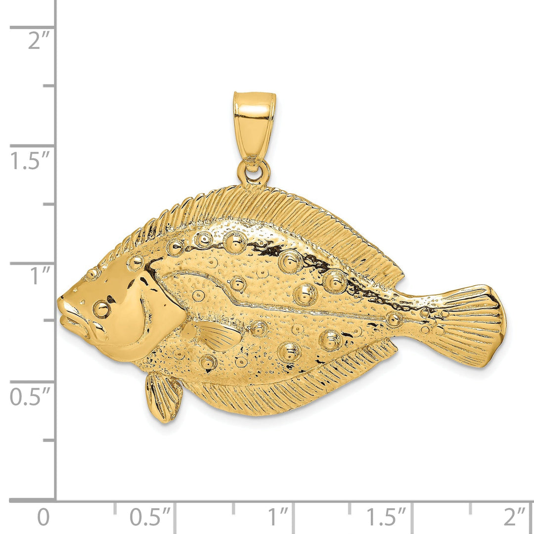 14K Yellow Gold Polished Textured Finish 3-Dimensional Flonder Fish Charm Pendant