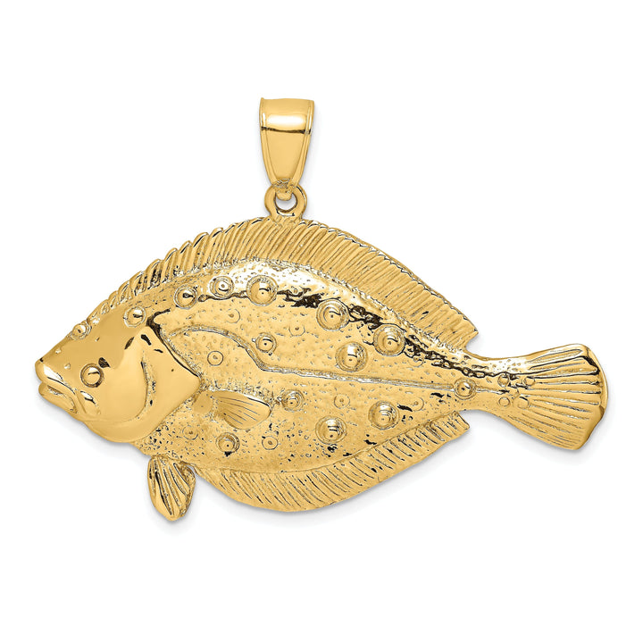 14K Yellow Gold Polished Textured Finish 3-Dimensional Flonder Fish Charm Pendant