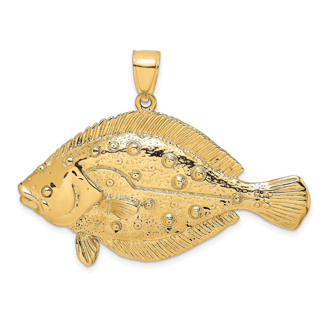 14K Yellow Gold Polished Textured Finish 3-Dimensional Flonder Fish Charm Pendant