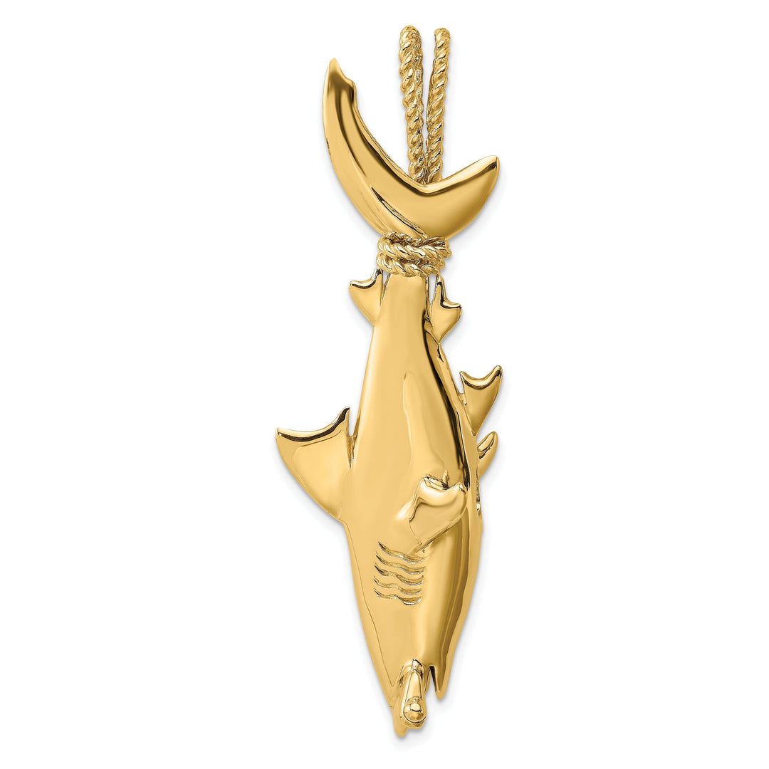 14K Yellow Gold Textured Polished Finish 3-Dimensional Hammerhead Shark with Rope Bail Design Charm Pendant