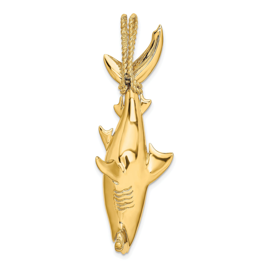 14K Yellow Gold Textured Polished Finish 3-Dimensional Hammerhead Shark with Rope Bail Design Charm Pendant