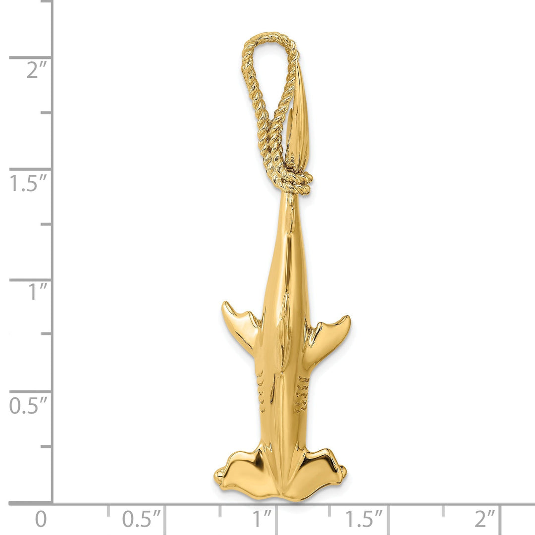 14K Yellow Gold Textured Polished Finish 3-Dimensional Hammerhead Shark with Rope Bail Design Charm Pendant