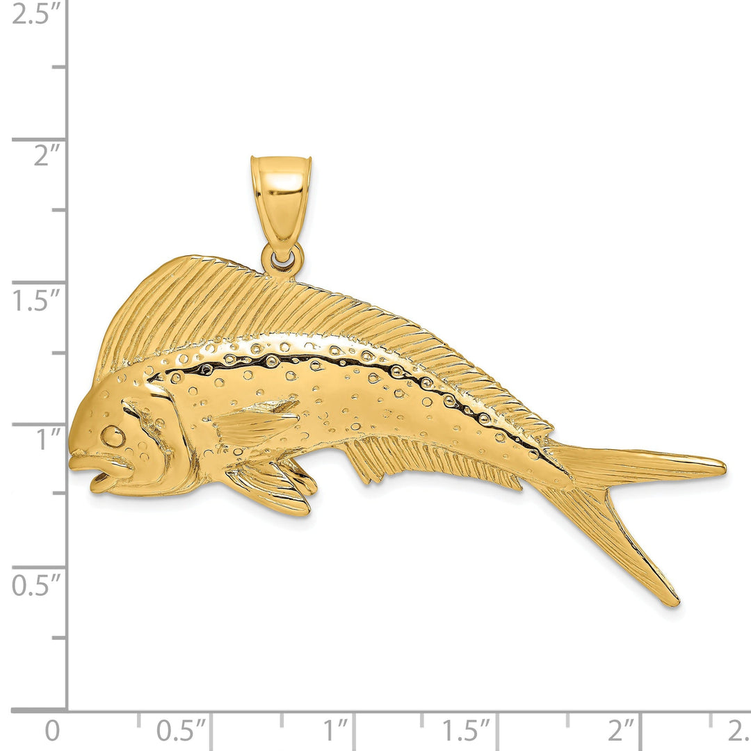 14K Yellow Gold Textured Polished Finish 2-Dimensional Female Dorado Mahi-Mahi Charm Pendant