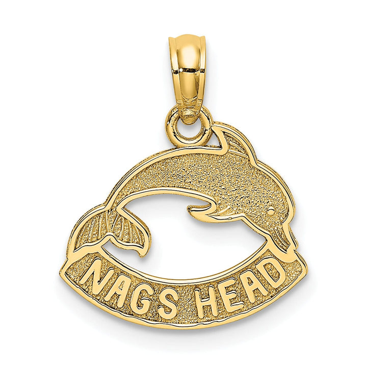 14K Yellow Gold Polished Textured Finish NAGS HEAD Banner with Dolphin Charm Pendant